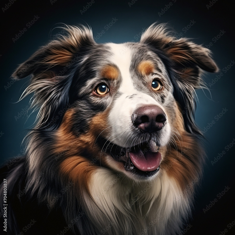 close-up portrait of an Australian Shepherd in a dark room close-up portrait of an Australian Shepherd in a dark room
