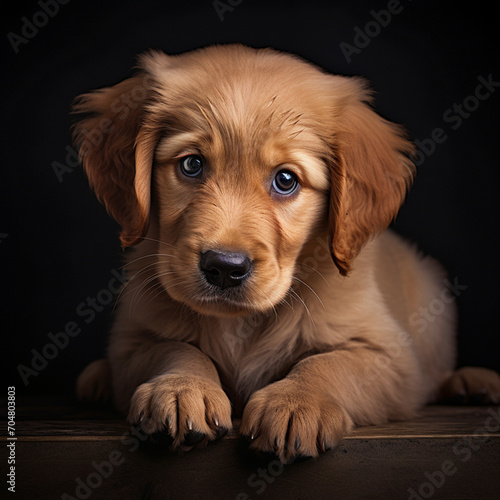 small golden retriever puppy in a dark room