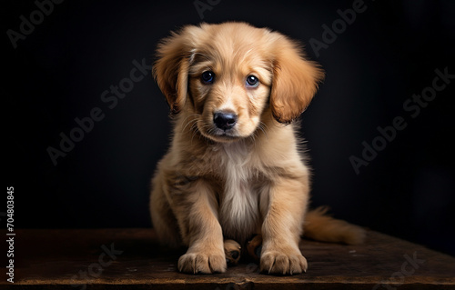 small golden retriever puppy in a dark room