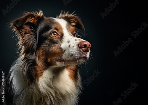 close-up portrait of an Australian Shepherd in a dark room