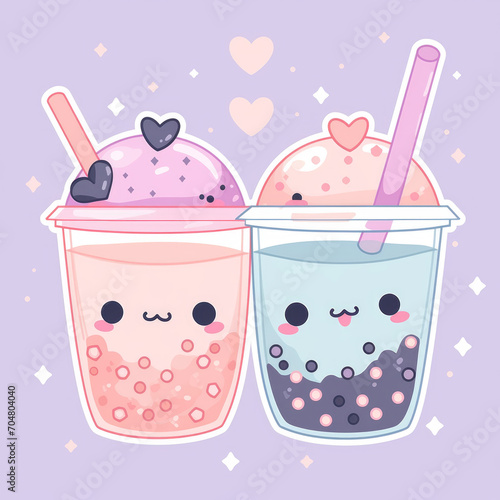 Boba tea best friends, cute kawaii boba tea clipart, boba tea vector digital art