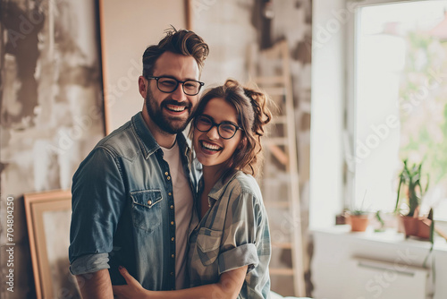 Young happy couple during repair new apartment. AI generated photo