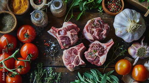  a wooden table topped with lots of different types of vegetables and meat on top of a wooden table next to garlic and tomatoes.