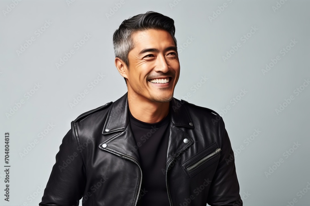 Portrait of a smiling asian man in leather jacket against grey background Portrait of a smiling asian man in leather jacket against grey background