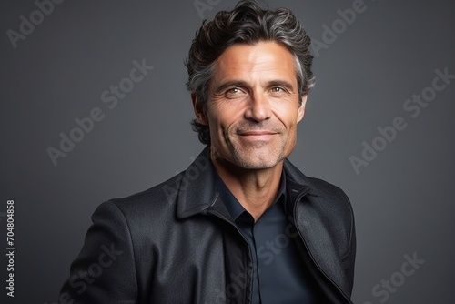 Portrait of a handsome middle-aged man in a black jacket.