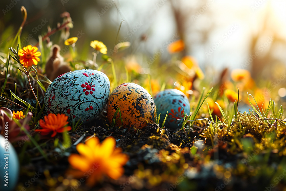 Easter background with coloured eggs. AI generative. Easter background with coloured eggs. AI generative.