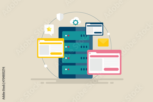 Server software installation, data centre and secure web hosting service, shared network business technology vector illustration.