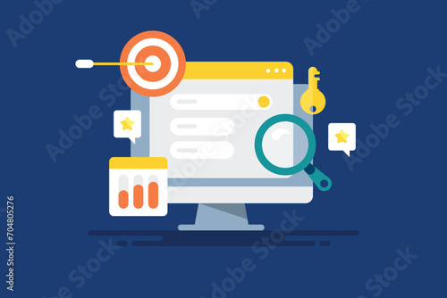 Selecting target keyword PPC advertising campaign, search engine marketing, business technology vector illustration concept.