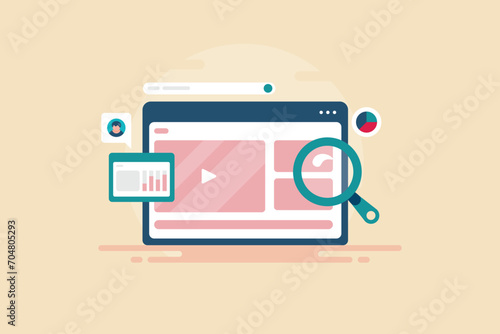 Video content optimization and publish on social media channel, audience view and engagement data analytics, vector illustration web banner.