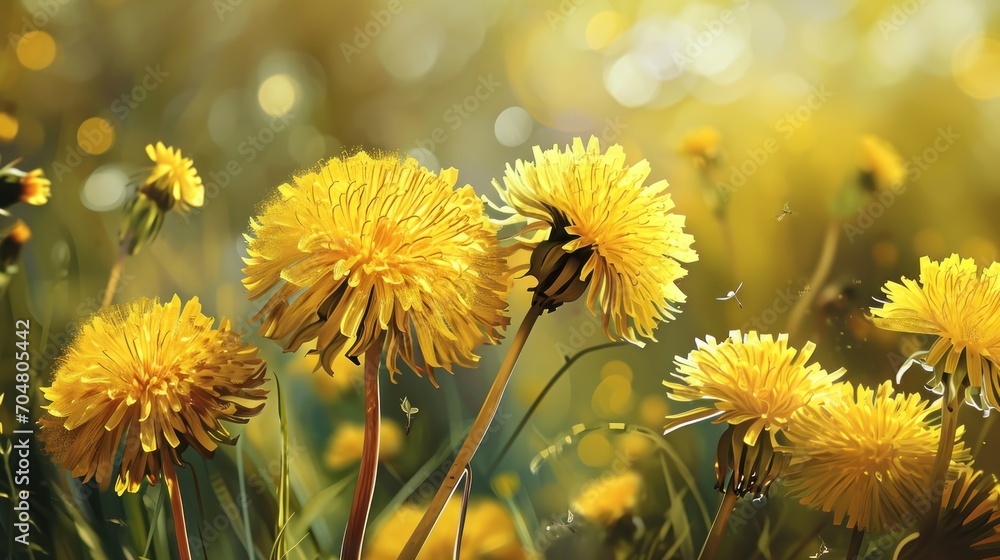 Naklejka premium a bunch of yellow dandelions in a field of grass with sunlight shining through the leaves of the dandelions.