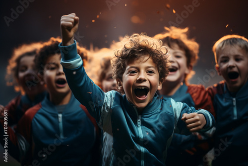 Young children playing soccer have fun and celebrate the victory photo