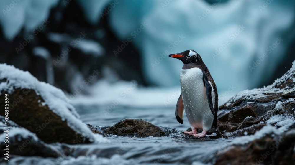 Naklejka premium a penguin standing on a rock in a stream with a waterfall in the background and snow covered rocks in the foreground.