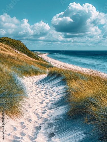Fototapeta Naklejka Na Ścianę i Meble -  dunes covered with grass. AI generative.