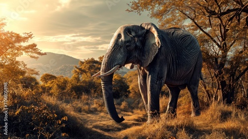  an elephant with tusks standing on a dirt path in a field with trees and mountains in the background.