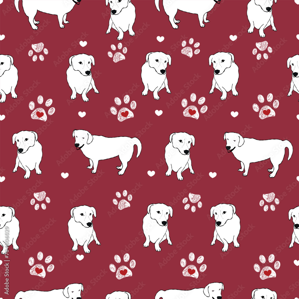Obraz premium Dog mom. Happy Mother's day seamless pattern design dogs with paw prints red background