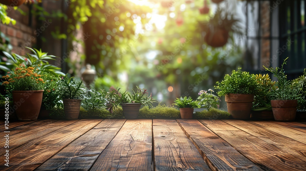 empty wooden table . plant, green grass blurred 