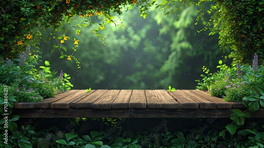 empty wooden table . forest jungle blurred 