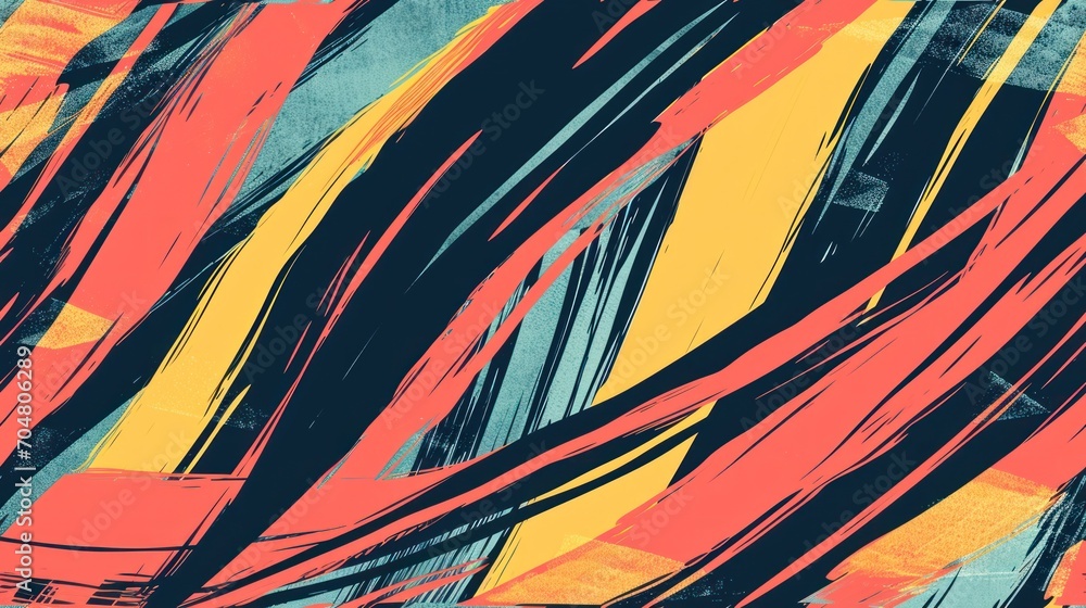 an abstract painting of orange, yellow, blue, and black streaks on a blue background with a black border. an abstract painting of orange, yellow, blue, and black streaks on a blue background with a black border.
