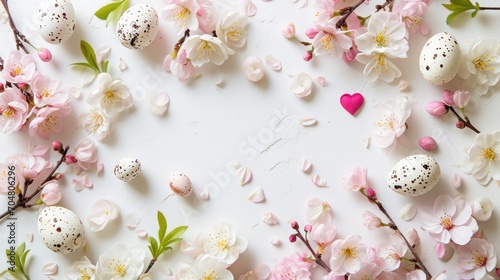  a white table topped with lots of pink and white flowers and an egg in the middle of a branch of a tree.