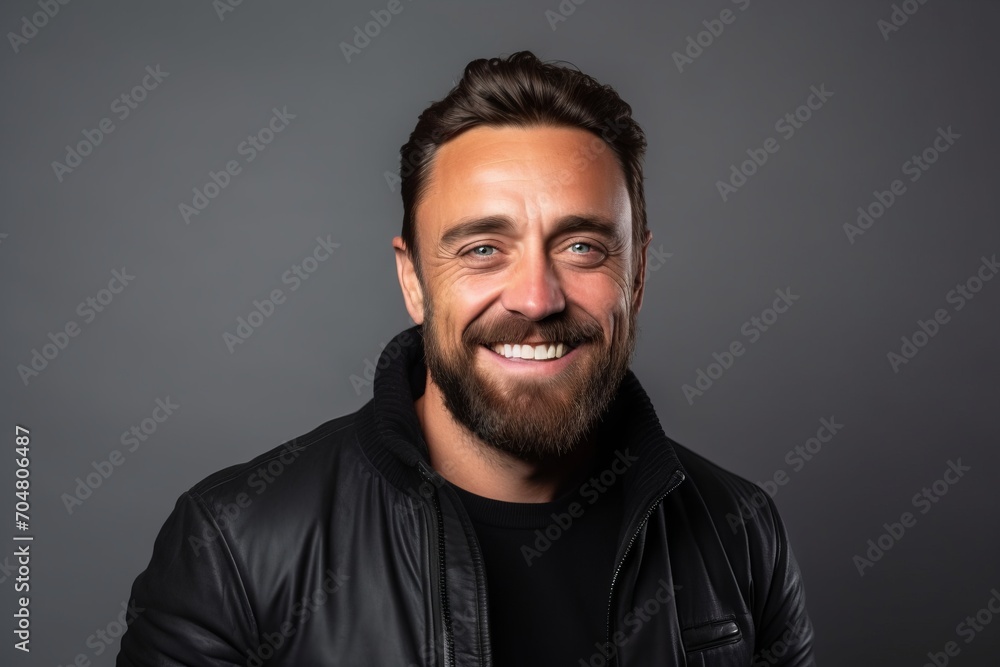 Portrait of a smiling man in a leather jacket on a dark background.