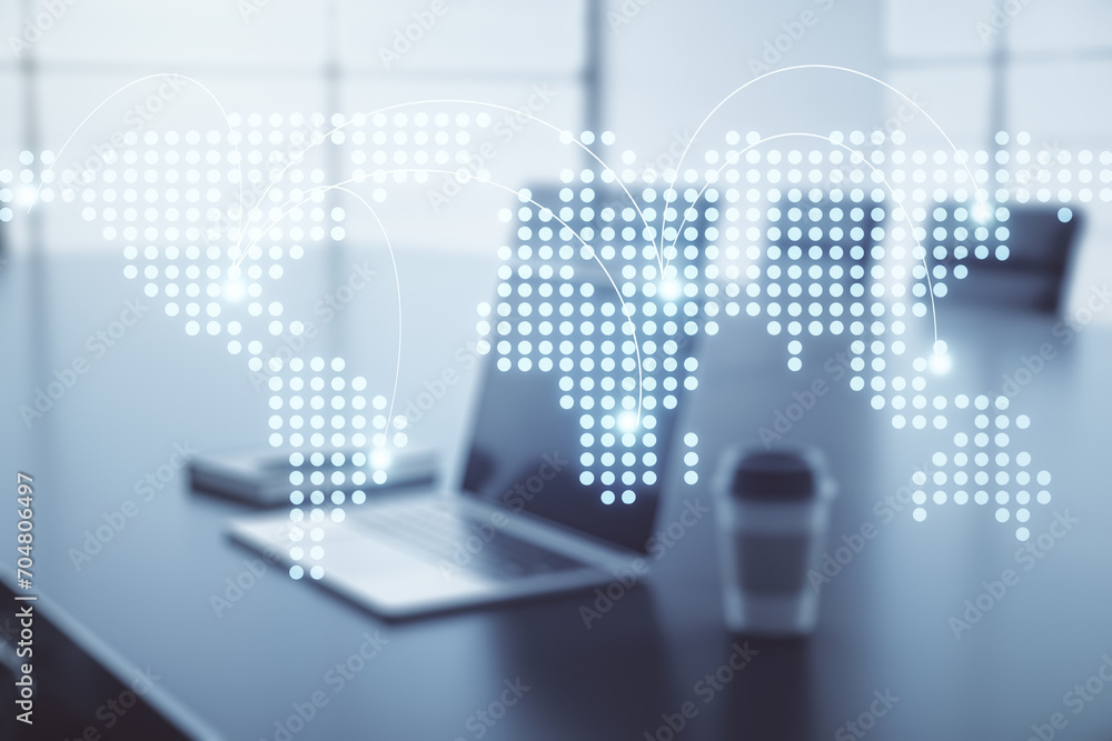 Abstract creative world map with connections on modern laptop background, international trading concept. Multiexposure Abstract creative world map with connections on modern laptop background, international trading concept. Multiexposure