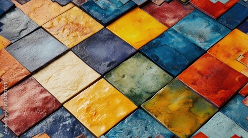  a close up of a multicolored wall made up of small squares of different shapes and sizes of tiles.
