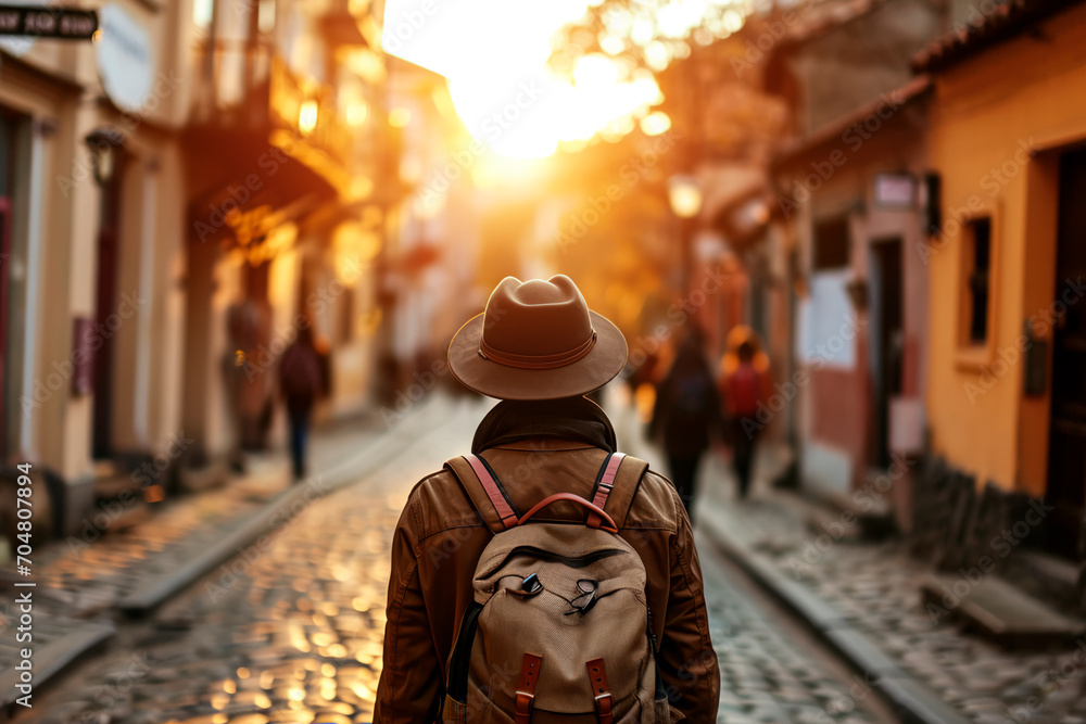 A male traveler, viewed from behind, strolling through the historical streets of a city. Captures the essence of vacation travel.