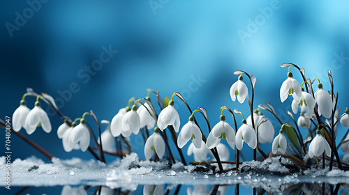 Snowdrops breaking through the snow, macro photography, ideal for themes of rebirth and growth © Alla