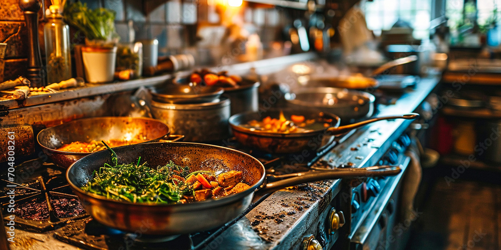 Old rustic kitchen with pots and pans. AI generative. Old rustic kitchen with pots and pans. AI generative.
