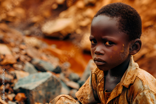 Conceptual image of an African child suffering in inhumane mining conditions. Cobalt mining photo