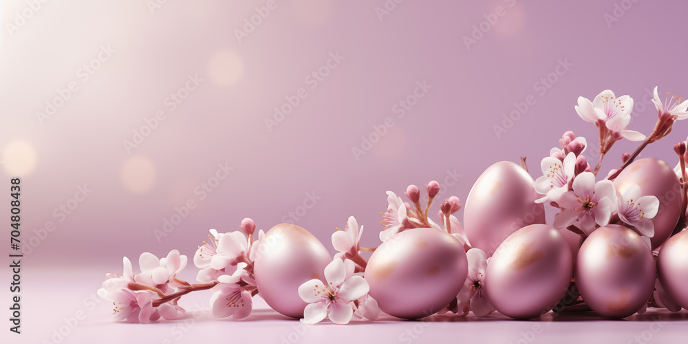Easter banner with eggs, flowers and place for text over pastel pink background Easter banner with eggs, flowers and place for text over pastel pink background