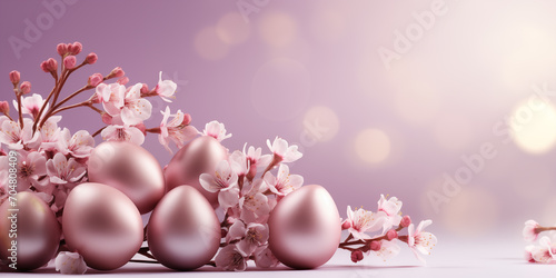 Easter banner with eggs,  flowers and place for text over pastel pink background © Banners
