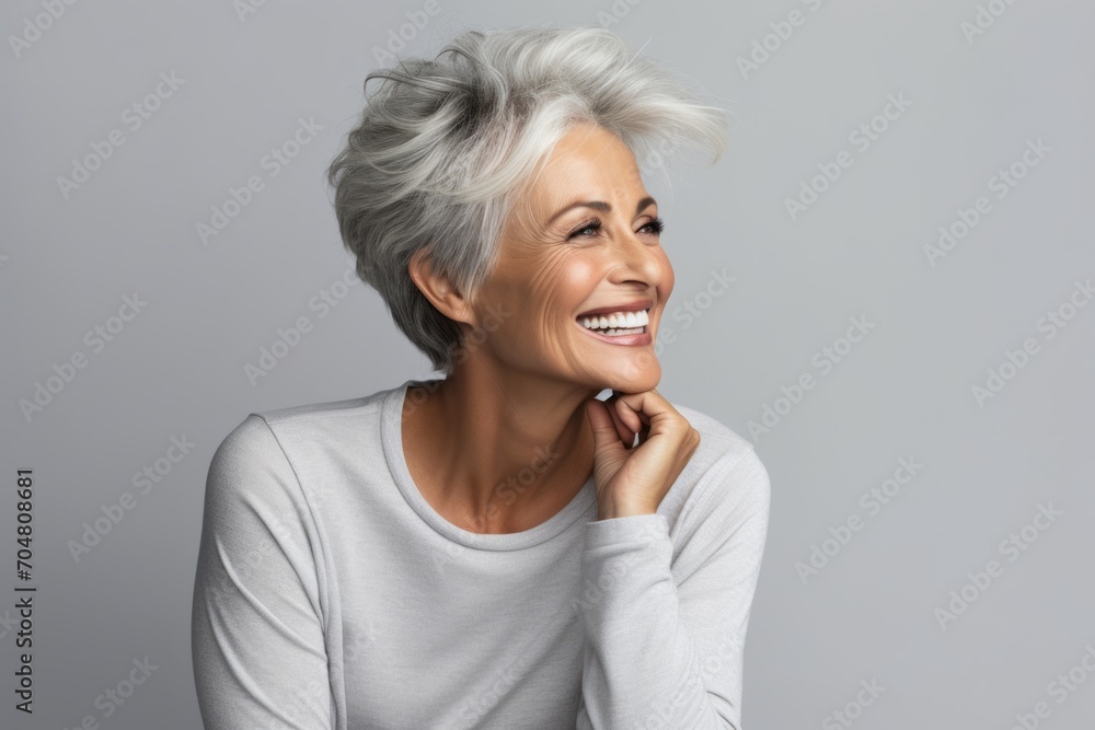 Portrait of happy mature woman smiling and looking at camera against grey background Portrait of happy mature woman smiling and looking at camera against grey background