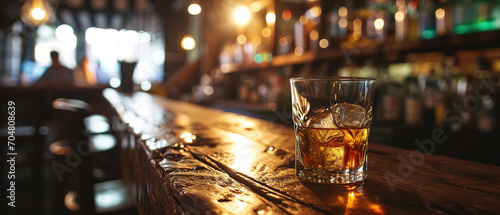 close up of a glass of whiskey with blurred Bartender and bar in the back with empty copy space