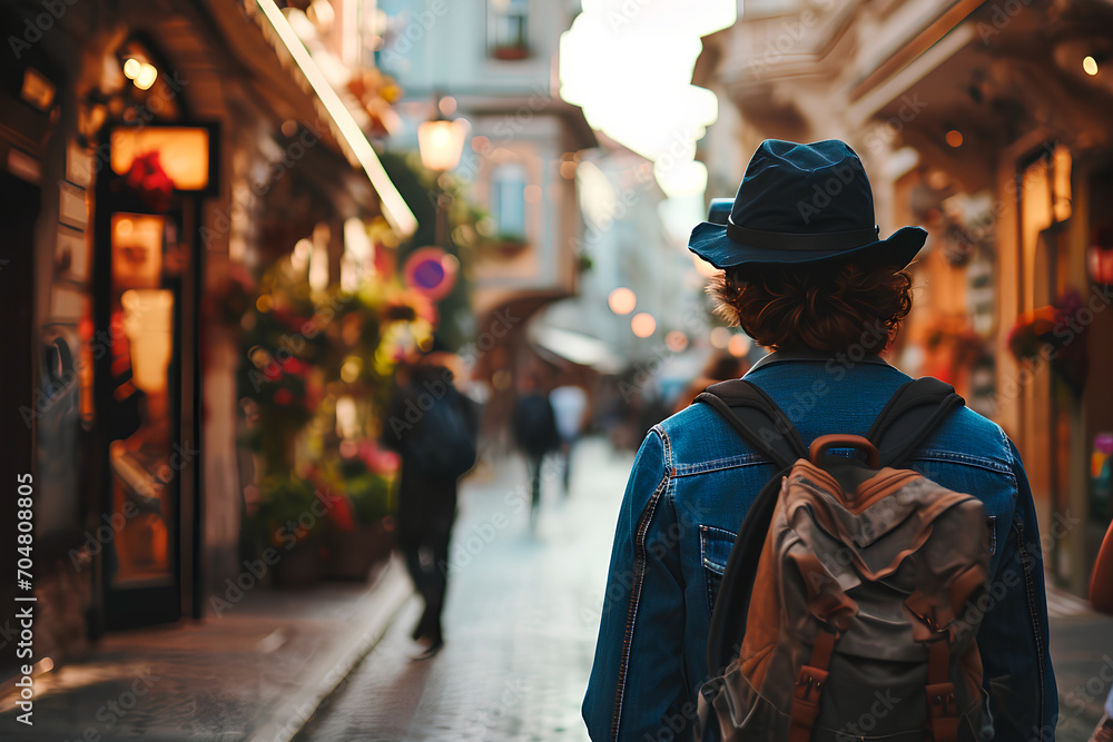 A male traveler, viewed from behind, strolling through the historical streets of a city. Captures the essence of vacation travel. A male traveler, viewed from behind, strolling through the historical streets of a city. Captures the essence of vacation travel.