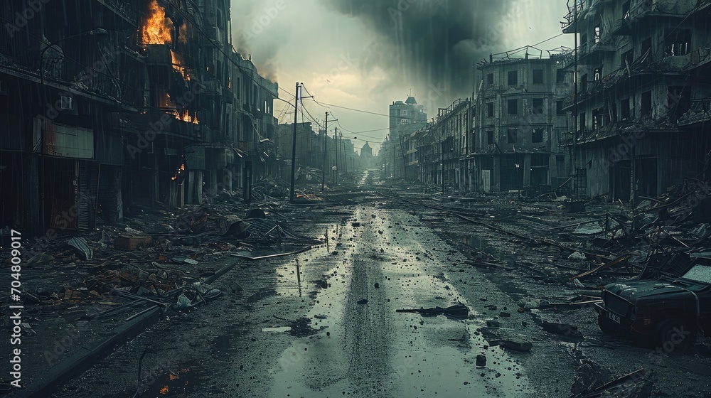 The devastated streets in the aftermath of the insurrection. Generative AI. - obrazy, fototapety, plakaty 