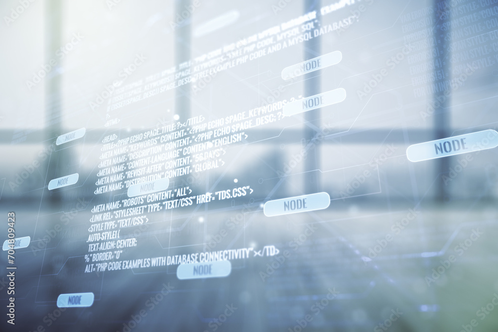 Multi exposure of abstract creative coding sketch on empty corporate office background, artificial intelligence and neural networks concept Multi exposure of abstract creative coding sketch on empty corporate office background, artificial intelligence and neural networks concept
