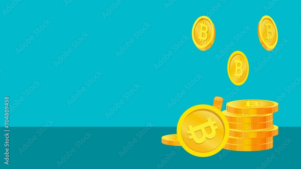 Animated illustration of a 3d Bitcoin coin spinning. crypto currency. collect crypto currency for wealth on light blue and dark blue background