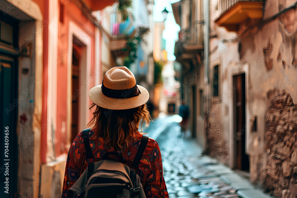 A female traveler seen from behind, exploring the historical streets of a city. Embodies the concept of vacation travel. A female traveler seen from behind, exploring the historical streets of a city. Embodies the concept of vacation travel.