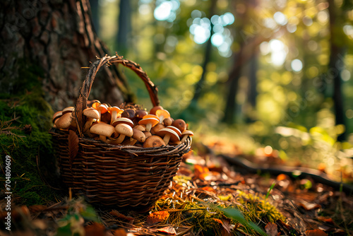 A basket of freshly gathered mushrooms in the forest during spring, capturing the essence of the season.