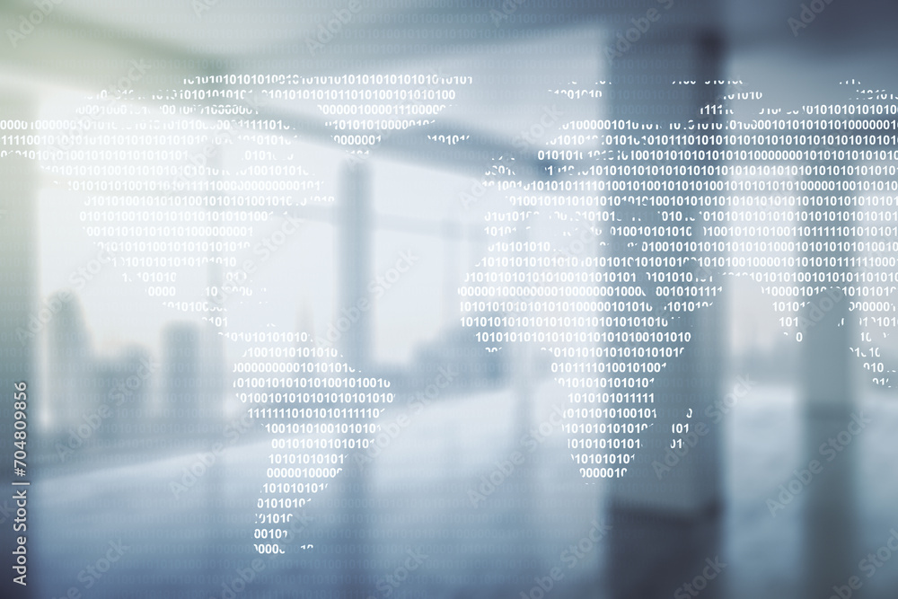 Multi exposure of abstract graphic world map on modern interior background, big data and networking concept Multi exposure of abstract graphic world map on modern interior background, big data and networking concept