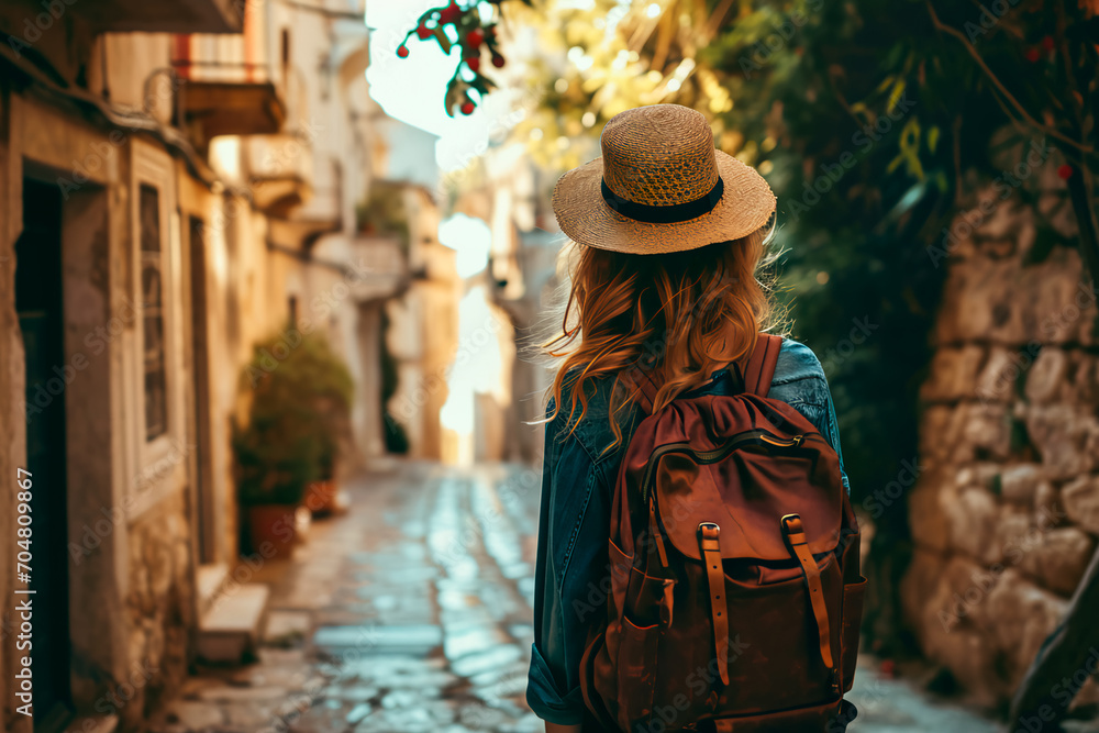 A female traveler seen from behind, exploring the historical streets of a city. Embodies the concept of vacation travel.