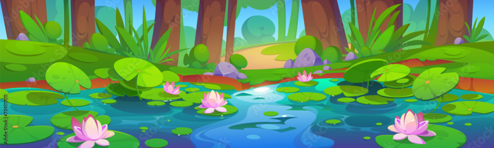 Obraz premium Forest summer landscape with water lilies on lake surface. Cartoon vector jungle wetland scenery with green grass and bushes, tree trunks on shore of pond with pink lotus flowers and leaf pad.