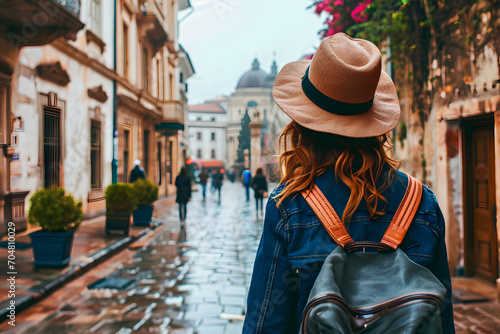 A female traveler seen from behind  exploring the historical streets of a city. Embodies the concept of vacation travel.