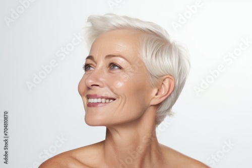 Portrait of beautiful middle aged woman with white short hair and clean skin