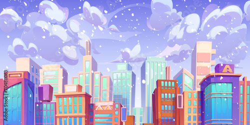 Snowfall in modern city. Vector cartoon illustration of snow falling on skyscrapers from cloudy sky, high-rise office and housing buildings with many windows, snowy cityscape, downtown district