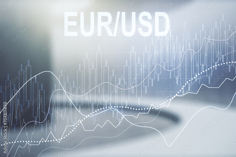 Obraz premium EURO USD financial graph illustration on modern interior background, forex and currency concept. Multiexposure