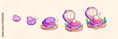 Sea shell with pearl growing and opening steps progress for game ui level rank evolution. Cartoon vector set of underwater creature cockle with pastel purple conch and ball gem on sand islands.