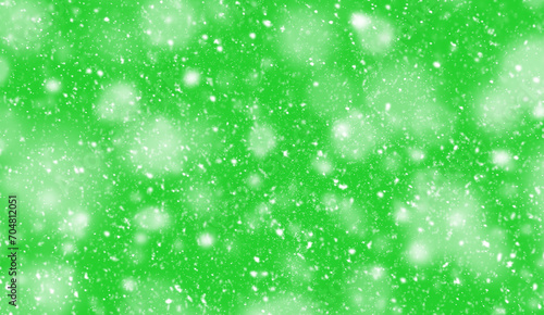 Falling snow on a green background. Snowfall, dust or fluff concept. Template for copy and paste. Illustration image. 3D rendering