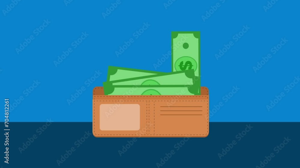 animated illustration of dollar bills in a wallet on a light blue and dark blue background. video footage animated illustration of dollar bills in a wallet on a light blue and dark blue background. video footage